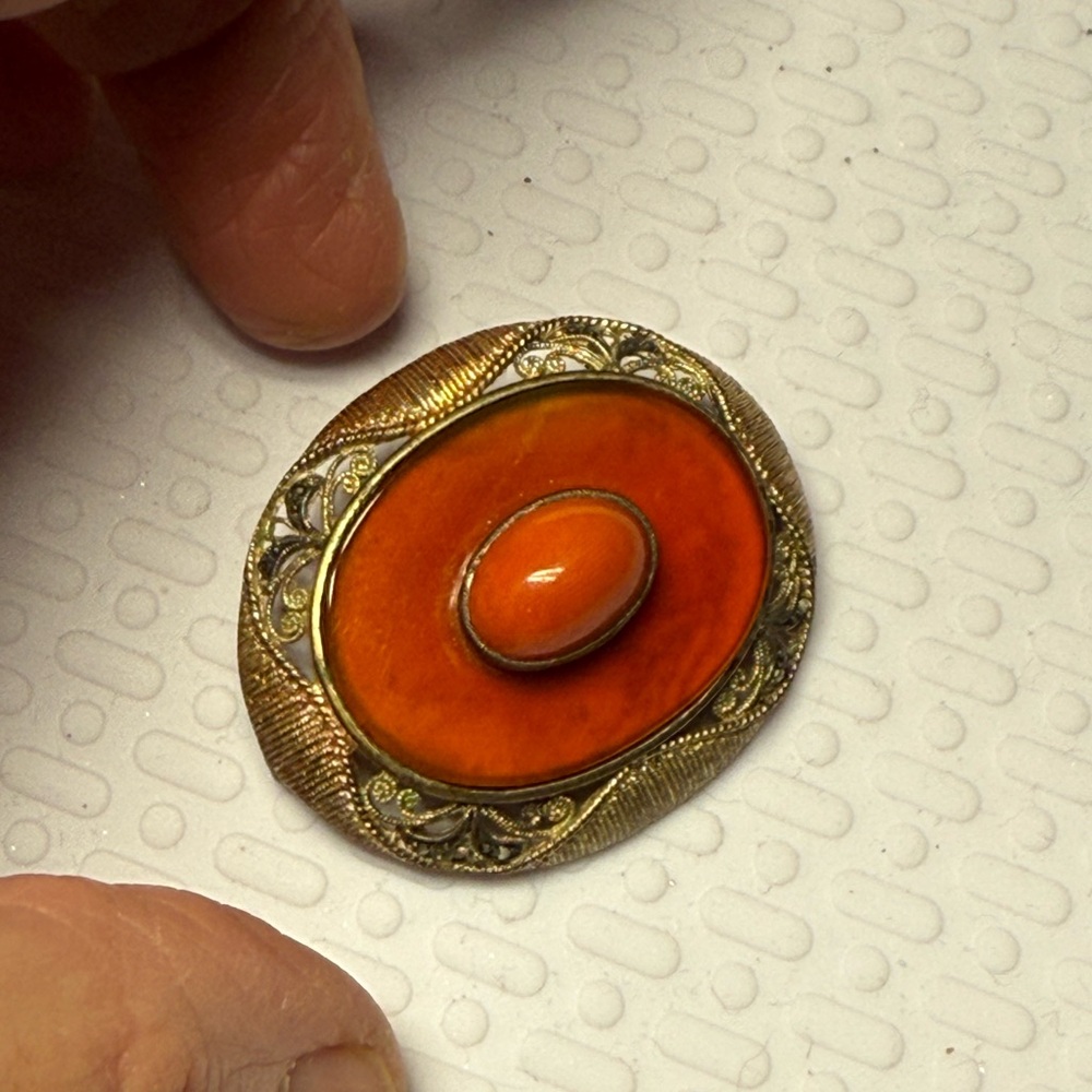 Elegant Orange and Gold Brooch. Czech